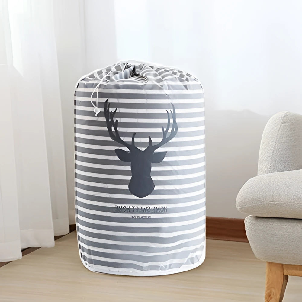 Quilt Storage Bag, Cylindrical Large Capacity Clothes Pillow Blanket Storage Bags Reusable Drawstring Packing Bag for Comforters Blankets Bedding (15.7x15.7x31.5in)(2#Deer Head)