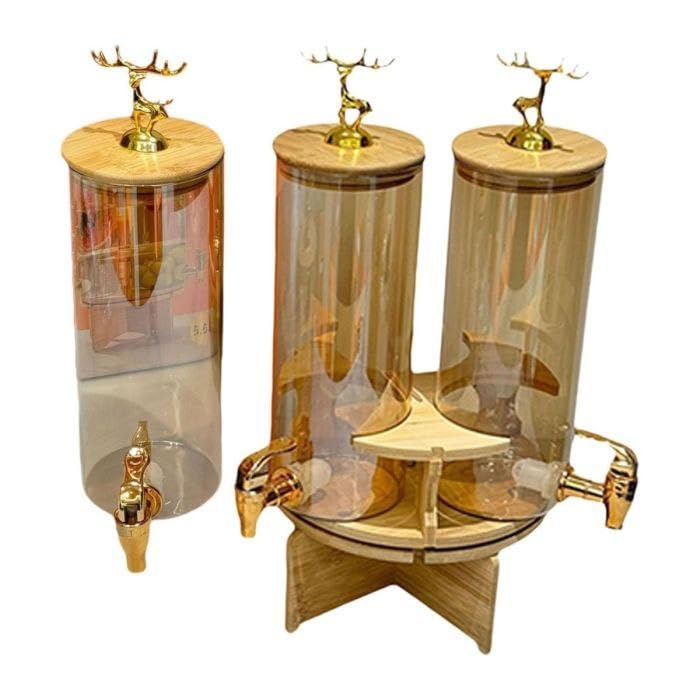 Elegant Triple Section Glass Beverage Dispenser with Gold Deer Lid, Wooden Stand, Round Design, Perfect for Gatherings.