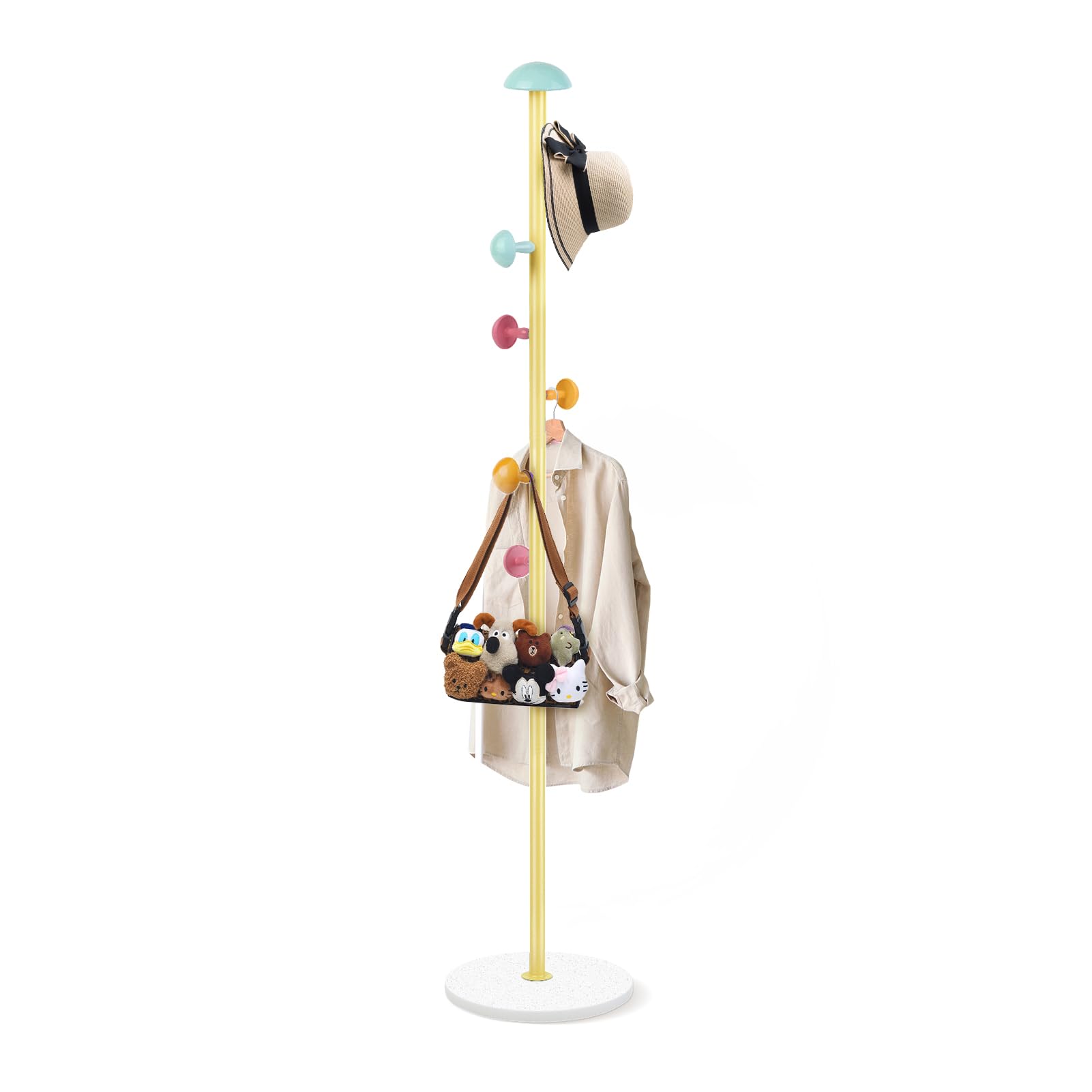 Metal Coat Rack Freestanding Clothing Rack with Quartz Stone Base Coat Tree Mushroom Rack Tree with 7 Hooks Room Small Hall for Clothes Hat Yellow