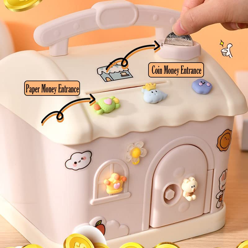 Cottage Piggy Bank with Key, Large House Money Coin Bank Box, ATM Gift to Saving Money (Pink)