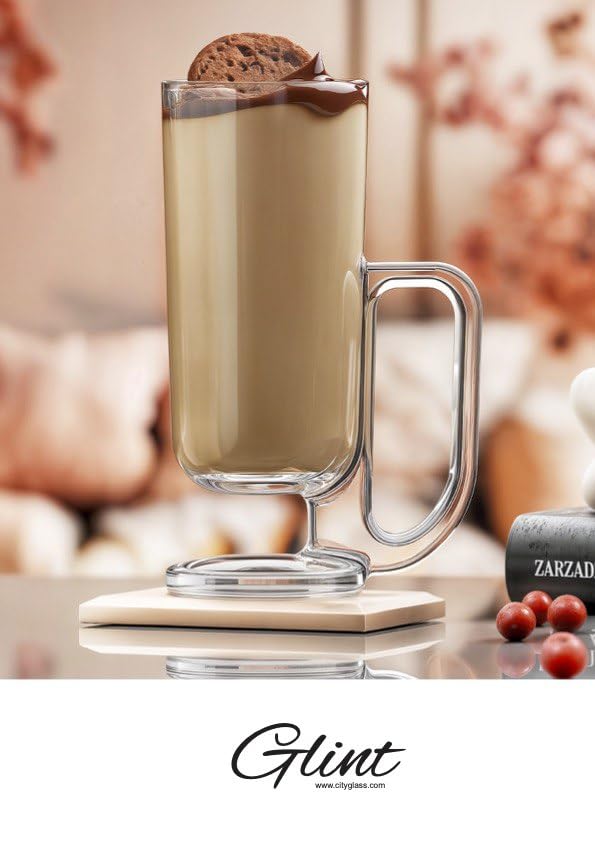 City Glass Glent Mug Set | Set of 3 Long Mug with Big Handle for Cappuccino, Latte, Nescafe, Tea or Juices | Clear & Pure Glass, Modern and Unique Design (260ml)