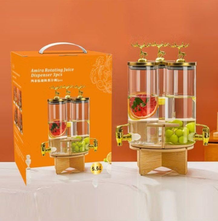 Elegant Triple Section Glass Beverage Dispenser with Gold Deer Lid, Wooden Stand, Round Design, Perfect for Gatherings.