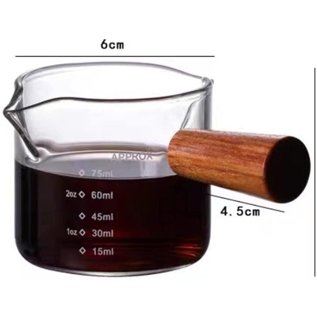 3 Oz Espresso Measuring Cup With Wooden Handle - Triple Pot Double Spout Glass Creamer - Barista Coffee Bottle for Sauce - 75Ml