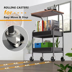 Rolling Cart with Wooden Tabletop, 3 Tier Metal Utility Cart, Rolling Storage Organizer Cart with Lockable Wheels for Kitchen, Office, Bedroom (Black)