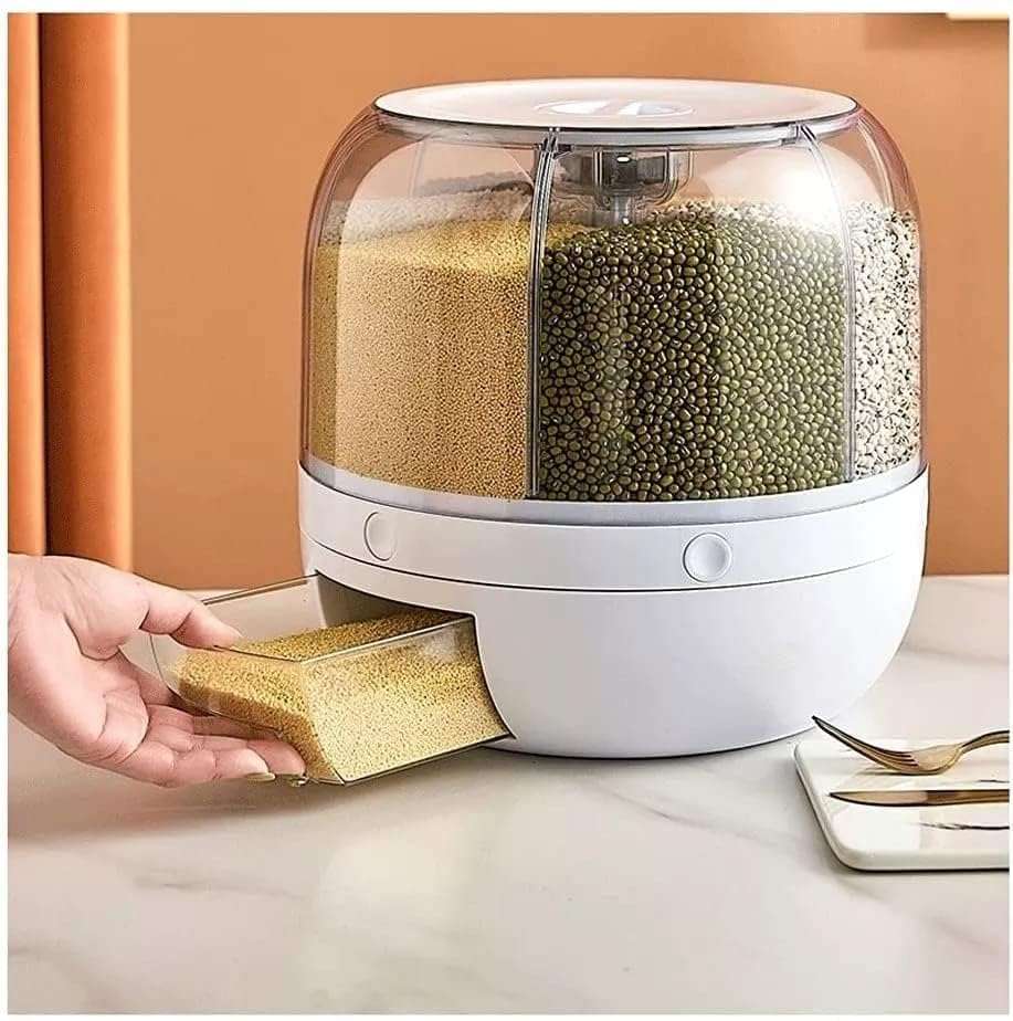 AWH Rice Dispenser 6-Grid Rice Storage Container, Rice & Grain Storage Container Rotating Rice Storage Bucket One-Click Round Rice Output for Grains, Snacks, Dog Food, Coffee Beans