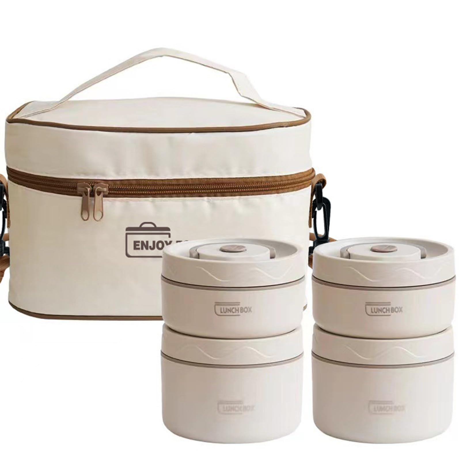 Microwavable Thermal Lunch Box, Portable Insulated Lunch Containers With Bag, Leakproof Stackable Stainless Steel Food Container For Adults, Kids, Set of 3 Tier Insulated Bento Boxes (beige-c-ae)