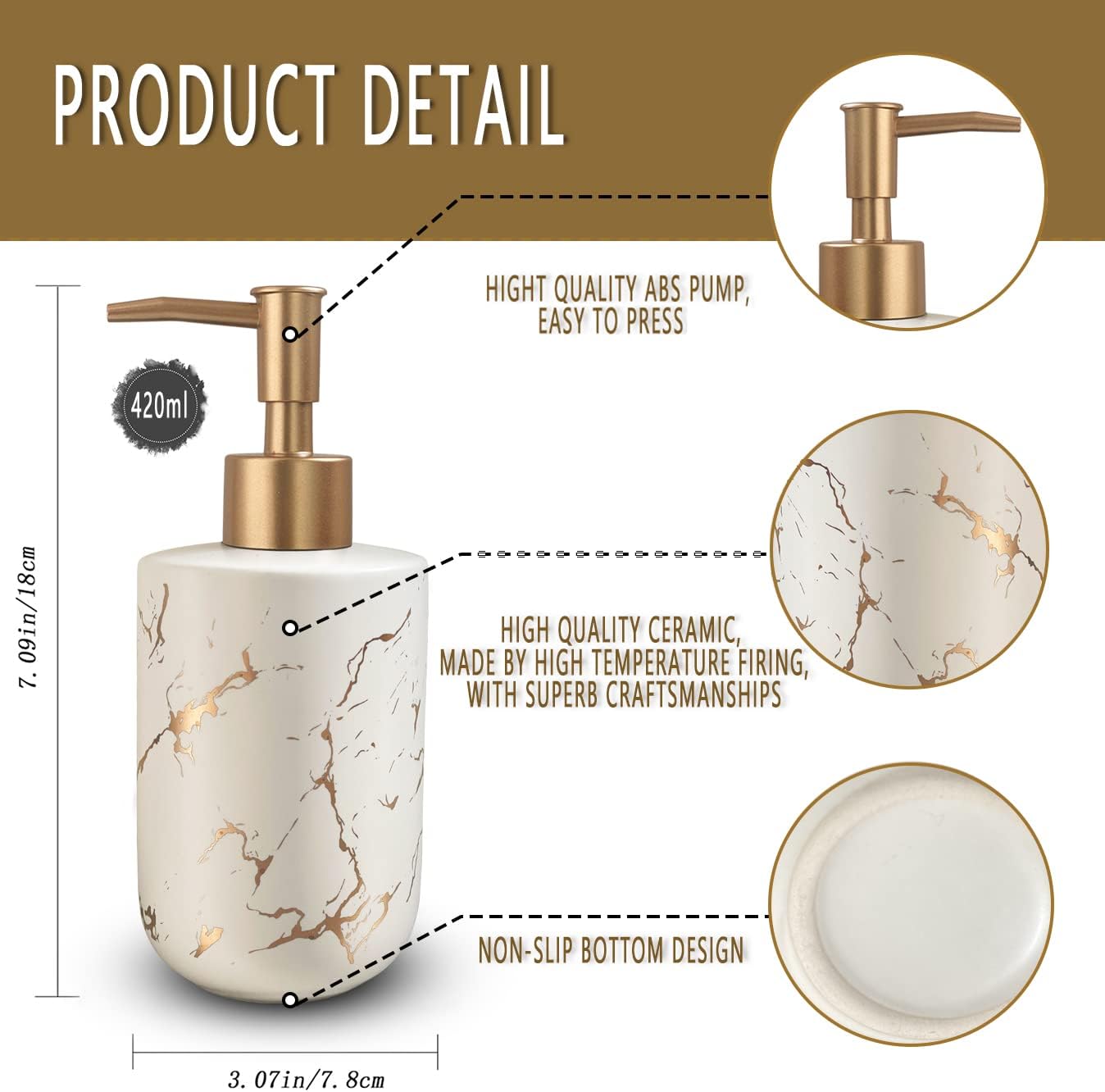 Gold Ceramic Soap Dispenser for Bathroom White Soap Dispenser for Kitchen Sink Dish Soap Dispenser with Marble Pattern Liquid Hand Soap Dispenser Pump Bottle (White)