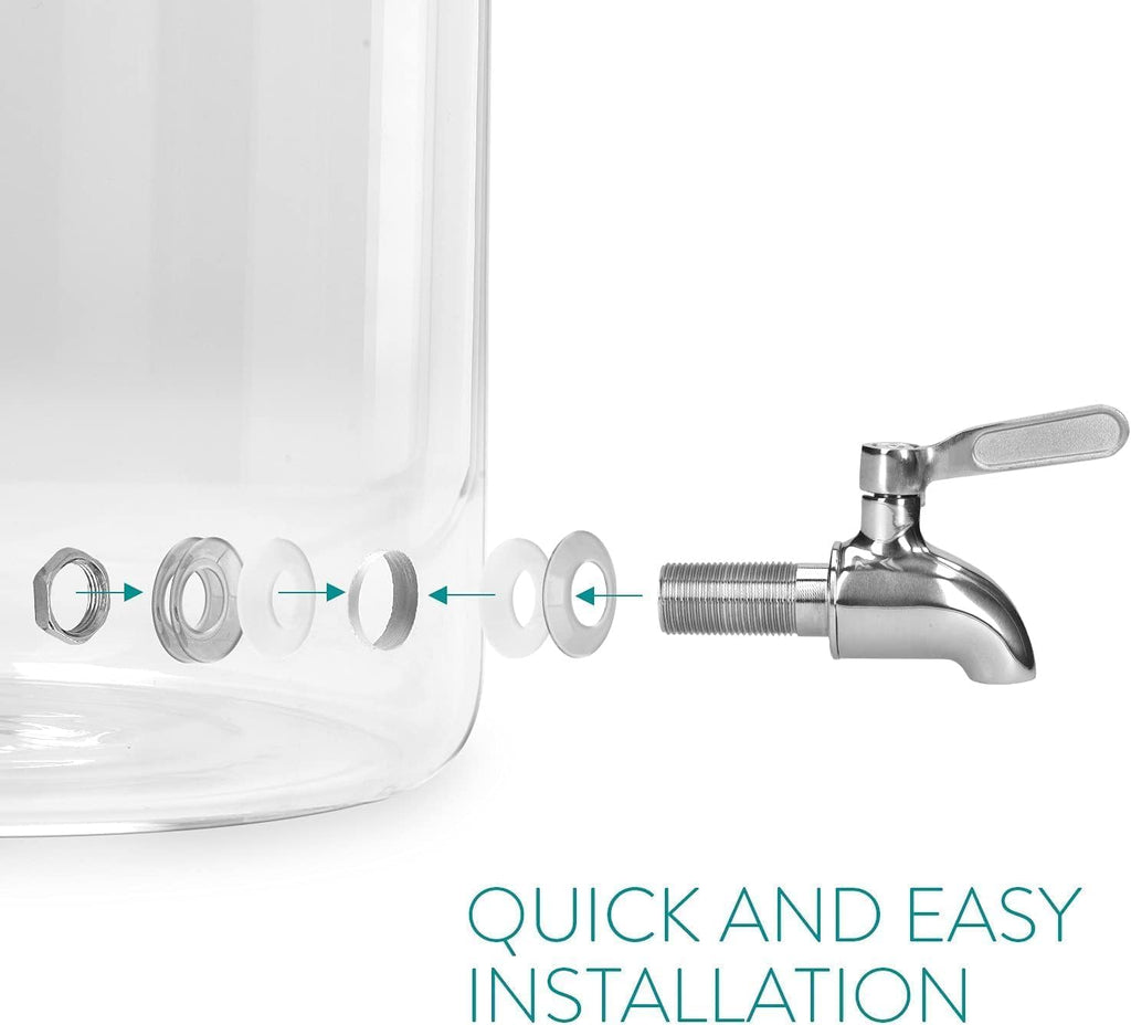 Glass Beverage Dispenser with Spigot - 3.2L Beverage Jar with Spigot, Lid and Wooden Stand for Serving Hot or Cold Drinks, Juice and Iced Water at Parties - 3200ml