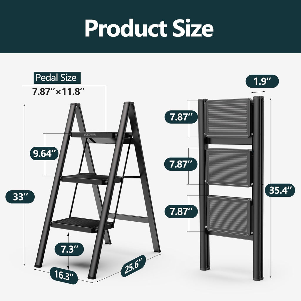 3 Step Ladder, Folding Step Stool with Non-Slip Pedals, Portable Stepping Stool for Adults, Sturdy Steel Ladder, Space Saving for Home, Anti Skid Feet, Support 330lbs - Black