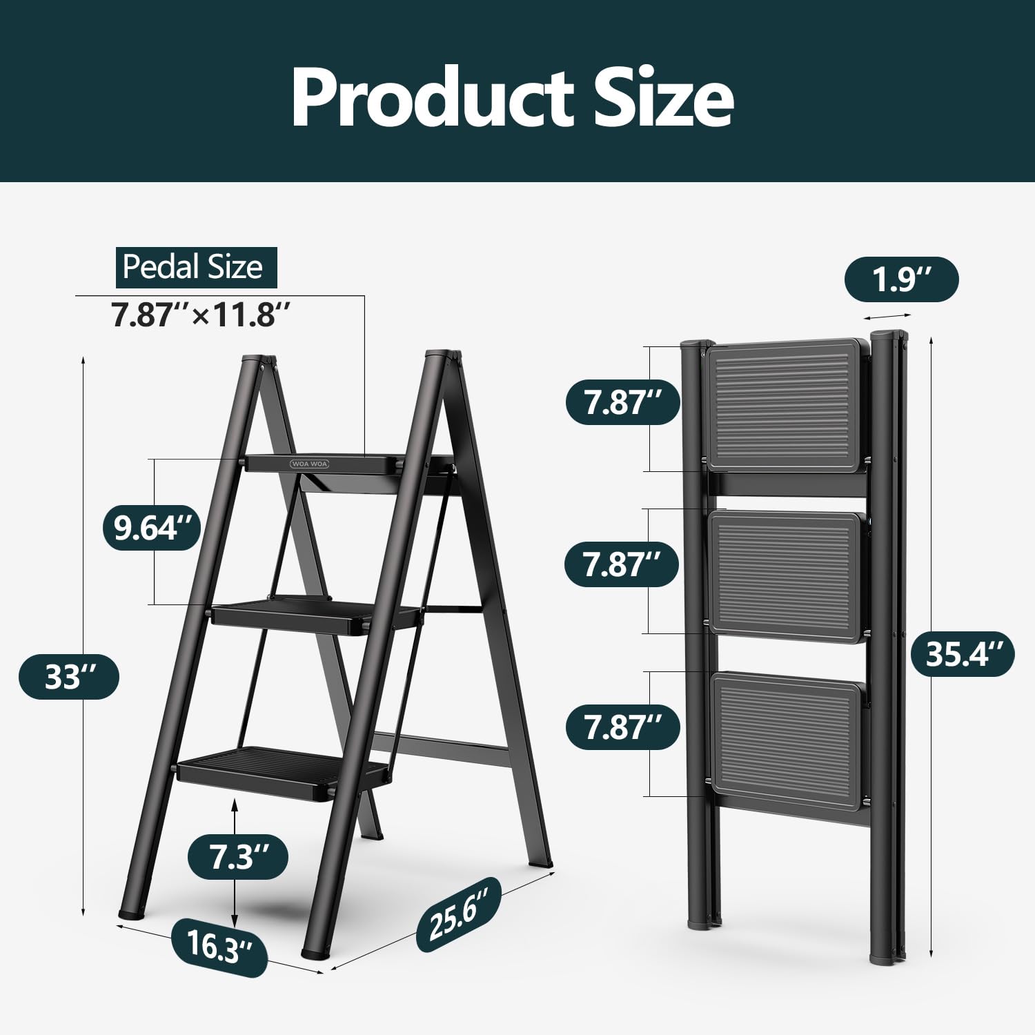 3 Step Ladder, Folding Step Stool with Non-Slip Pedals, Portable Stepping Stool for Adults, Sturdy Steel Ladder, Space Saving for Home, Anti Skid Feet, Support 330lbs - Black