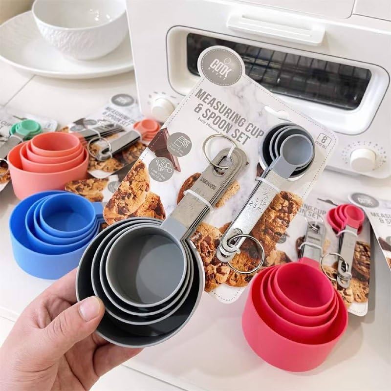 8 Piece Measuring Cups and Spoons Set with Sturdy Stainless Steel Handles for Accurate Measurement of Liquids and Dry Ingredients, Perfect for Cooking and Baking (Multiple Colors)