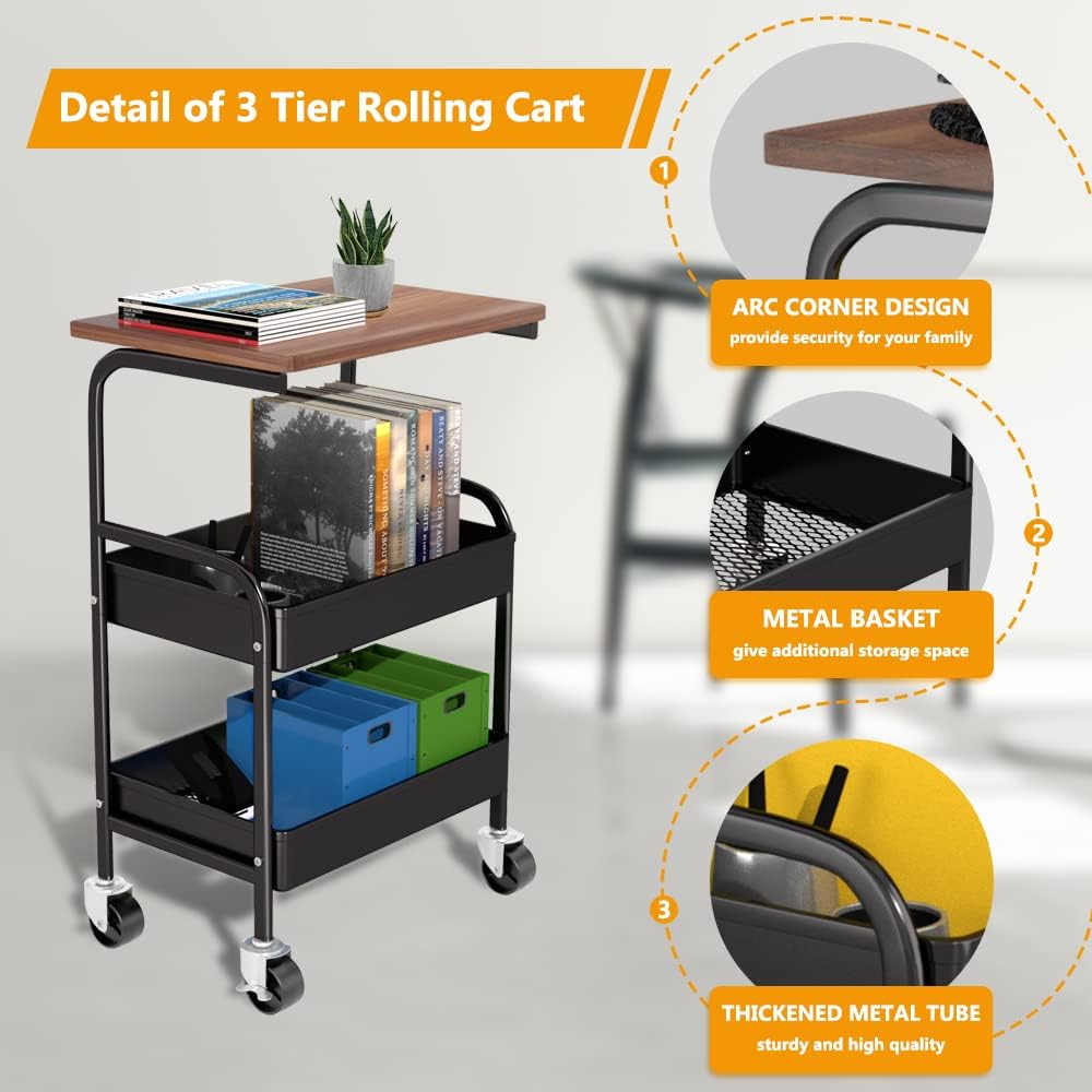 Rolling Cart with Wooden Tabletop, 3 Tier Metal Utility Cart, Rolling Storage Organizer Cart with Lockable Wheels for Kitchen, Office, Bedroom (Black)