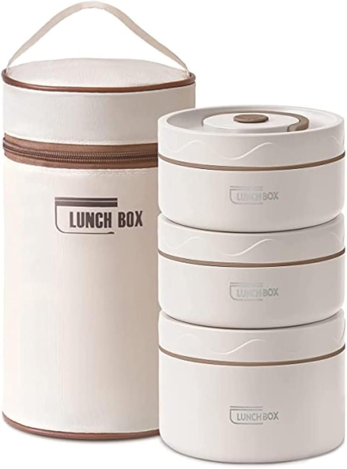 Microwavable Thermal Lunch Box, Portable Insulated Lunch Containers With Bag, Leakproof Stackable Stainless Steel Food Container For Adults, Kids, Set of 3 Tier Insulated Bento Boxes (beige-d-ae)