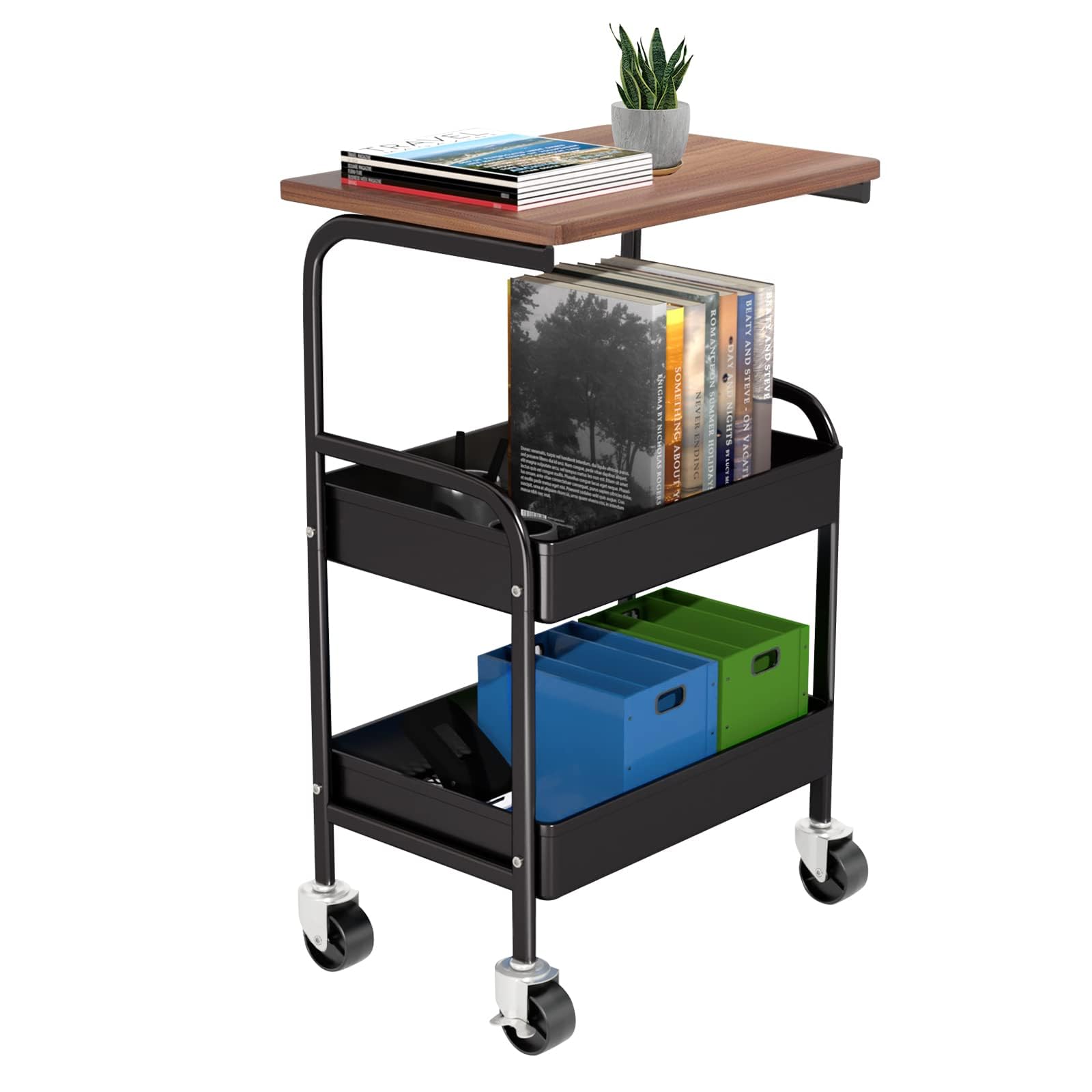 Rolling Cart with Wooden Tabletop, 3 Tier Metal Utility Cart, Rolling Storage Organizer Cart with Lockable Wheels for Kitchen, Office, Bedroom (Black)