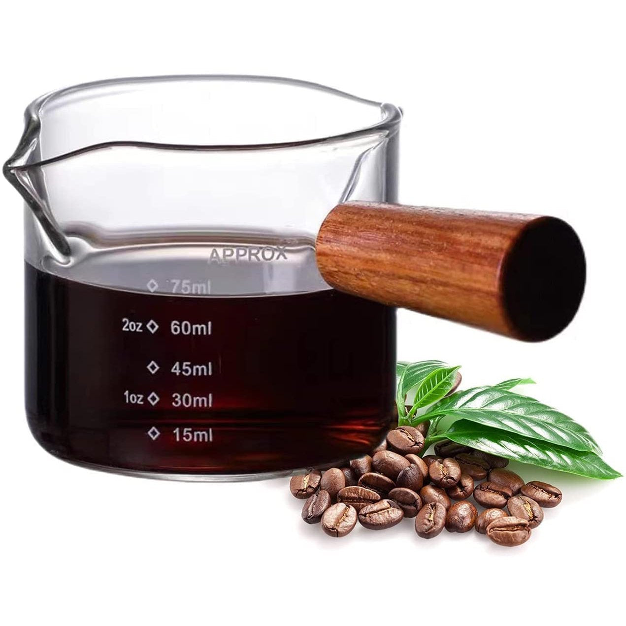 3 Oz Espresso Measuring Cup With Wooden Handle - Triple Pot Double Spout Glass Creamer - Barista Coffee Bottle for Sauce - 75Ml