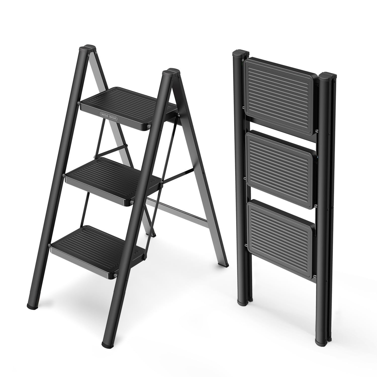 3 Step Ladder, Folding Step Stool with Non-Slip Pedals, Portable Stepping Stool for Adults, Sturdy Steel Ladder, Space Saving for Home, Anti Skid Feet, Support 330lbs - Black