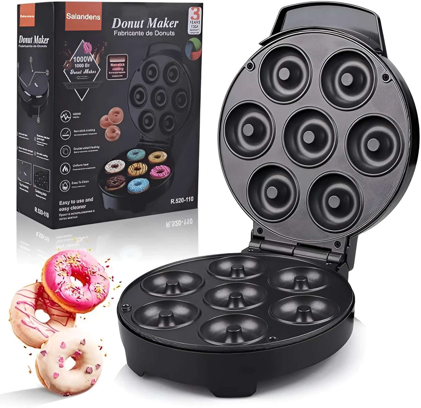 Salandines Mini Donut Maker, 7 Holes Donut Maker for 7 Donuts, Non-Stick.