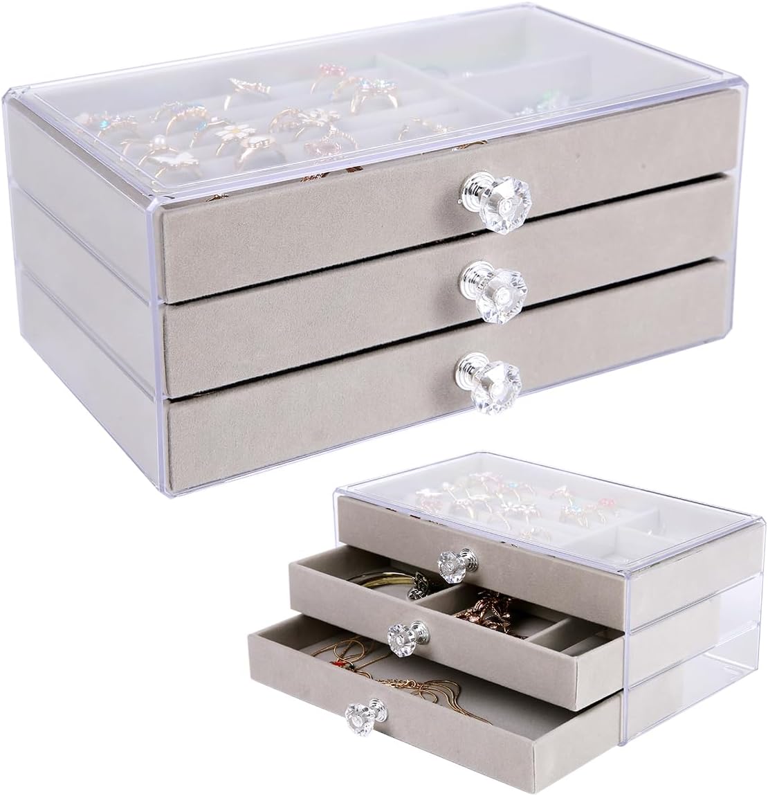 Mstorxxin Acrylic Jewelry Boxes & Organizers,Clear Jewelry Box with 3 Drawers,Stackable Velvet Earring Organizer Tray for Ring,Bracelet,Earring Organizer