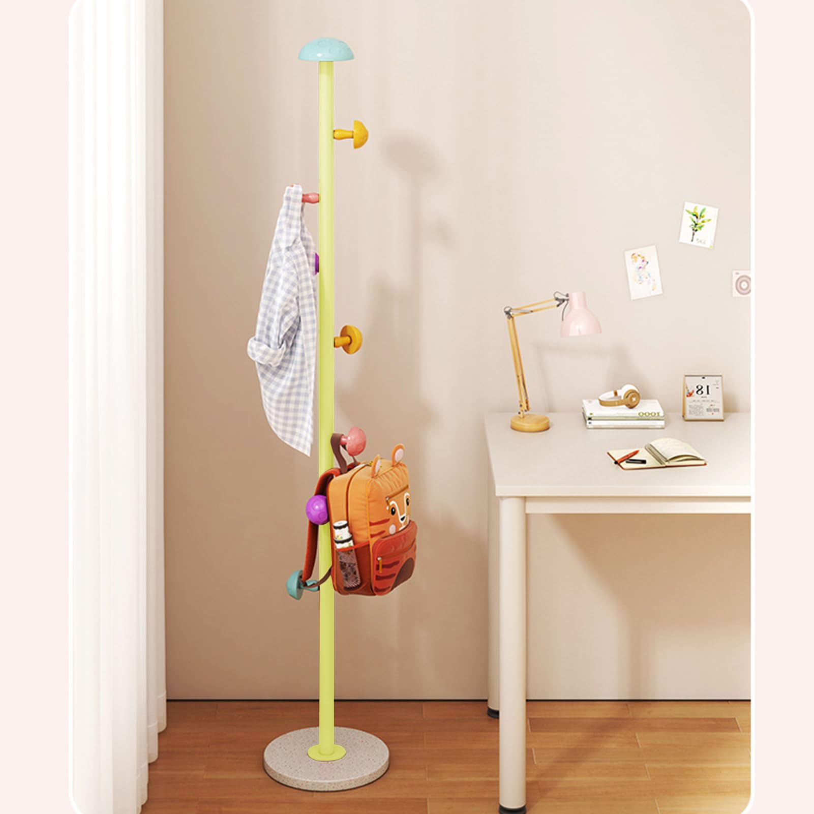 Metal Coat Rack Freestanding Clothing Rack with Quartz Stone Base Coat Tree Mushroom Rack Tree with 7 Hooks Room Small Hall for Clothes Hat Yellow