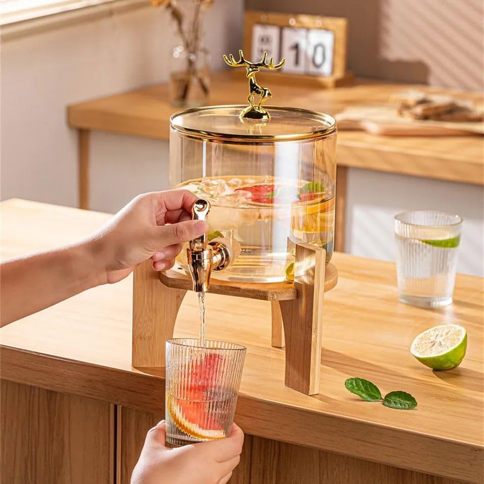 Glass Beverage Dispenser with Spigot - 3.2L Beverage Jar with Spigot, Lid and Wooden Stand for Serving Hot or Cold Drinks, Juice and Iced Water at Parties - 3200ml