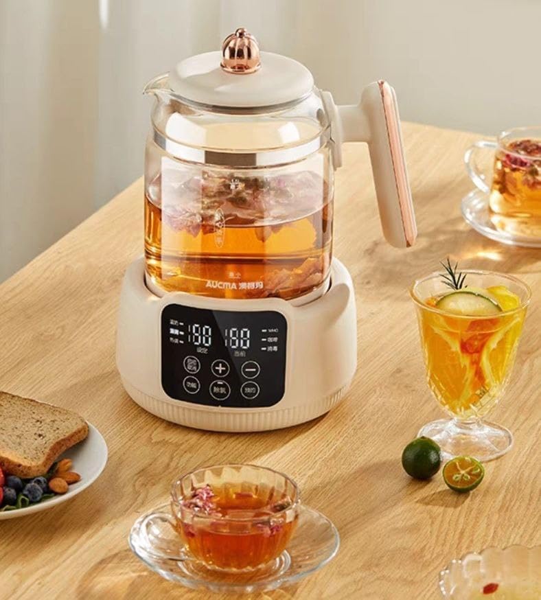 Glass Electric Tea Kettle with Digital Display, 1.5 Liter Capacity, White and Gold