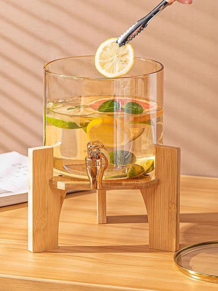 Glass Beverage Dispenser with Spigot - 3.2L Beverage Jar with Spigot, Lid and Wooden Stand for Serving Hot or Cold Drinks, Juice and Iced Water at Parties - 3200ml