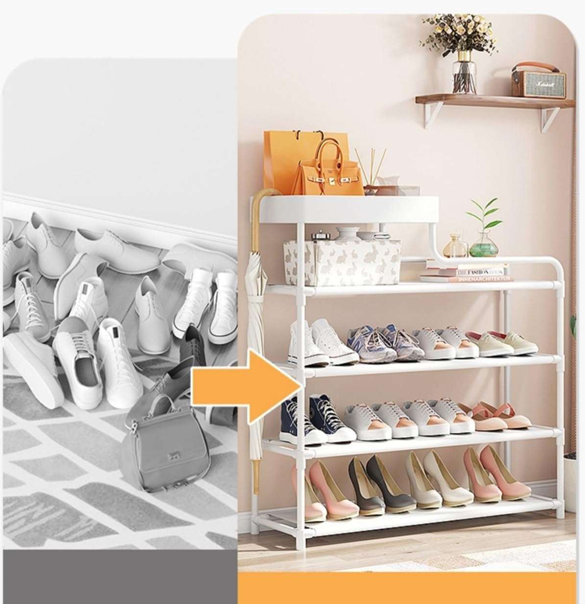 5-Tier Shoe Rack Metal Shoe Organizer with Fabric Shelves and Top Storage Basket Sturdy Durable Shoe Shelf for Closet Entryway Balcony Bedroom (White)