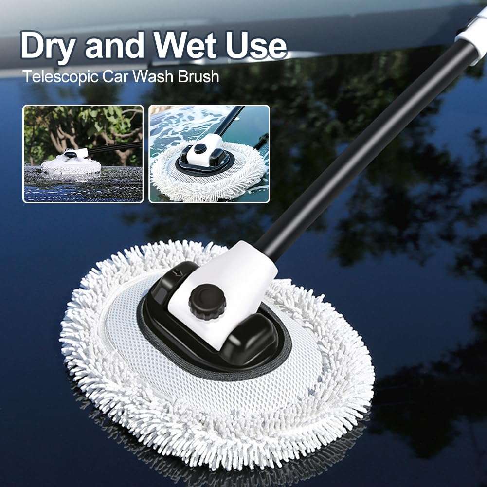 43" Car Wash Brush Kit Mitt Mop Sponge with Long Handle 15° Curve Chenille Microfiber Car Cleaning Brush Kit Supplies Car Washing Mop Kit Car Tools Accessories for Car RV Truck (White)