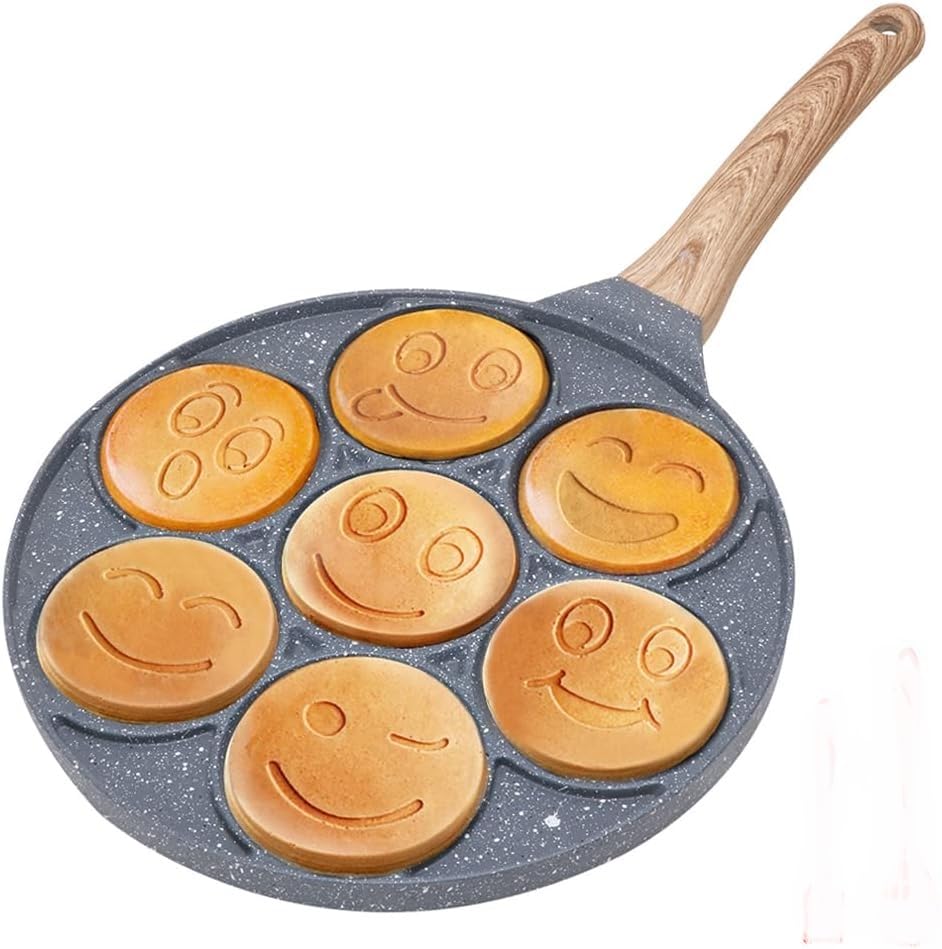 Pancake Pan 26 cm Non-Stick Pancake Maker 7 Holes with Smiley Pattern for Induction Mini Crepes Breakfast