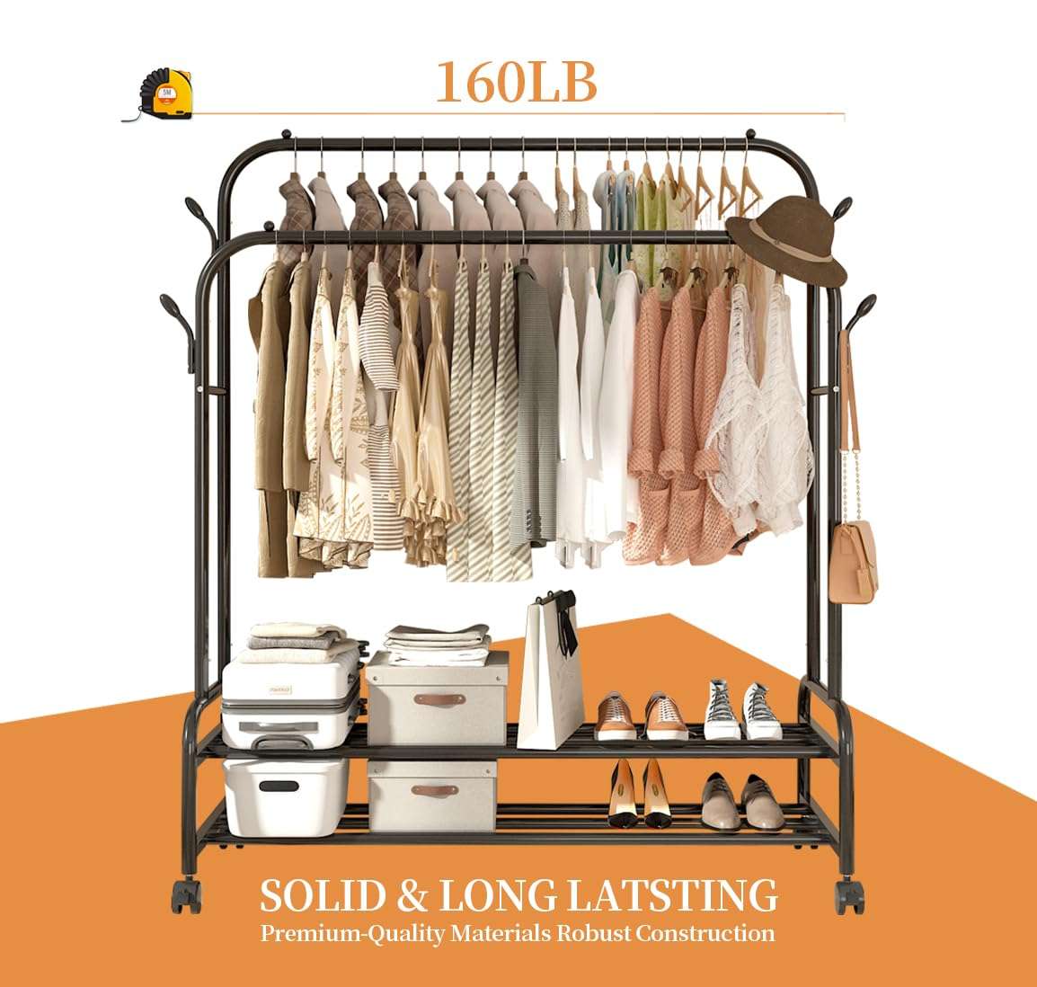 Sturdy Metal Double Rodding Clothes Rack With Wheels, Portable Clothing Rack With Shelves & Hooks, Heavy Duty Garment Racks for Hanging Clothes, Multi-Functional Closet Rack for Bedroom, Black