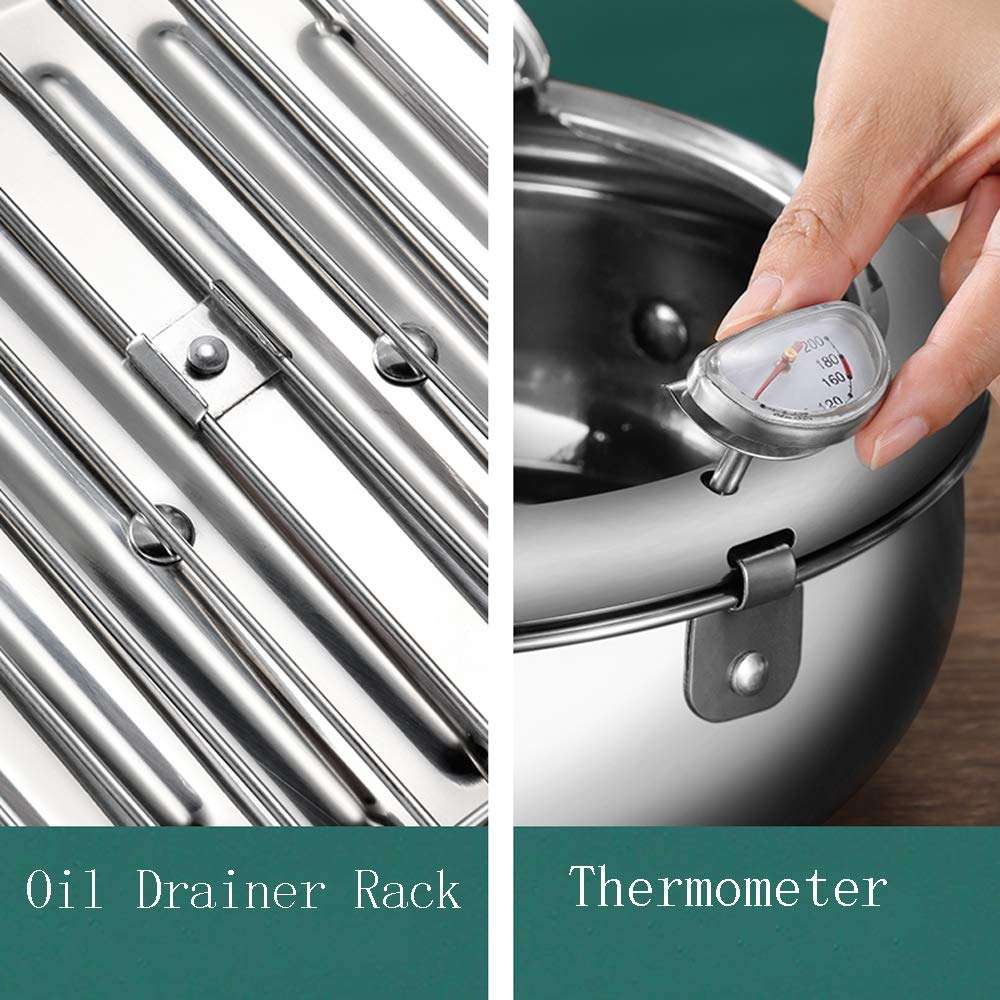 Deep Fryer Pot, Japanese Tempura Small Deep Fryer Stainless Steel Frying Pot With Thermometer,Lid And Oil Drip Drainer Rack for French Fries Shrimp Chicken Wings and Shrimp (24cm/9.4inch)