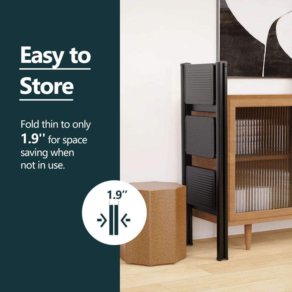 3 Step Ladder, Folding Step Stool with Non-Slip Pedals, Portable Stepping Stool for Adults, Sturdy Steel Ladder, Space Saving for Home, Anti Skid Feet, Support 330lbs - Black