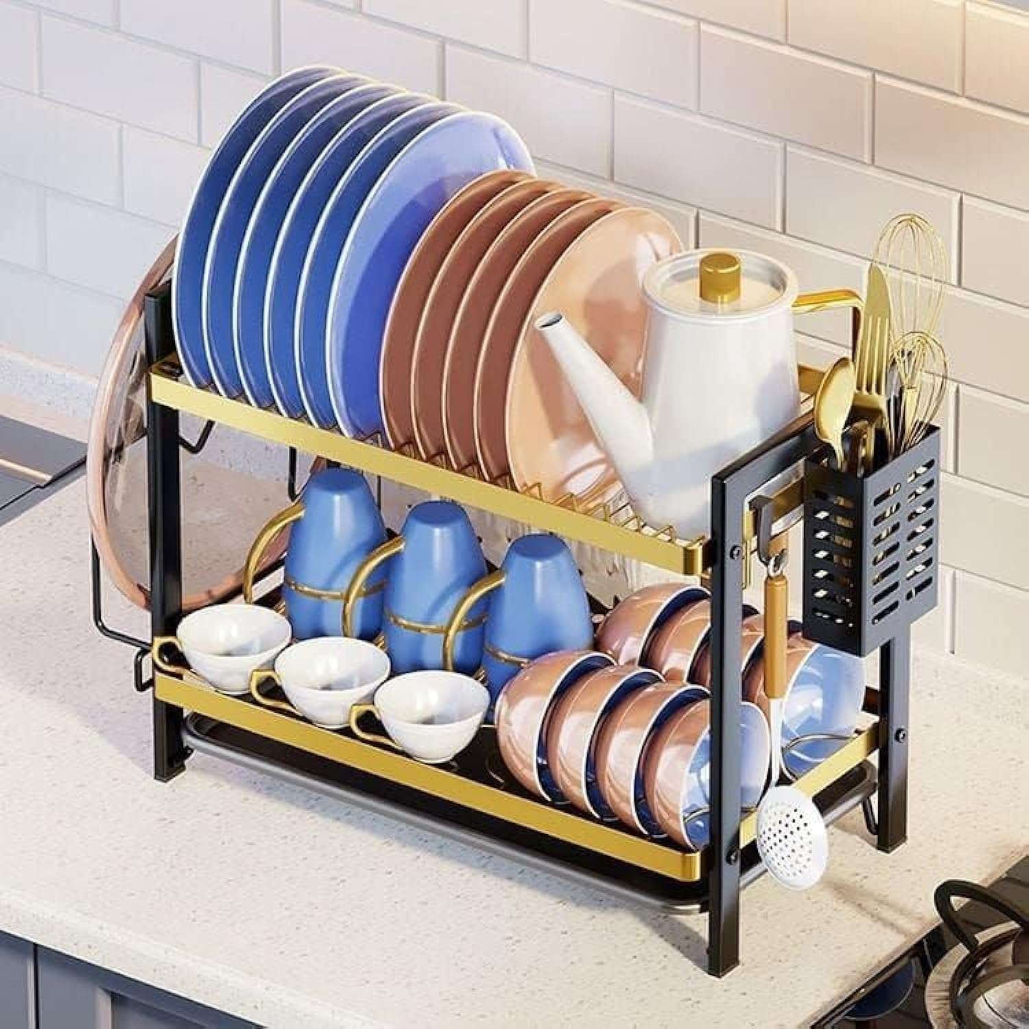 2-Tier Stainless Dish Rack and Drainer – Metal Dish Drying Rack – Stylish Over Sink Kitchen Organizer with Handy Dish Drainer Holder (Black*gold)