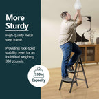 3 Step Ladder, Folding Step Stool with Non-Slip Pedals, Portable Stepping Stool for Adults, Sturdy Steel Ladder, Space Saving for Home, Anti Skid Feet, Support 330lbs - Black