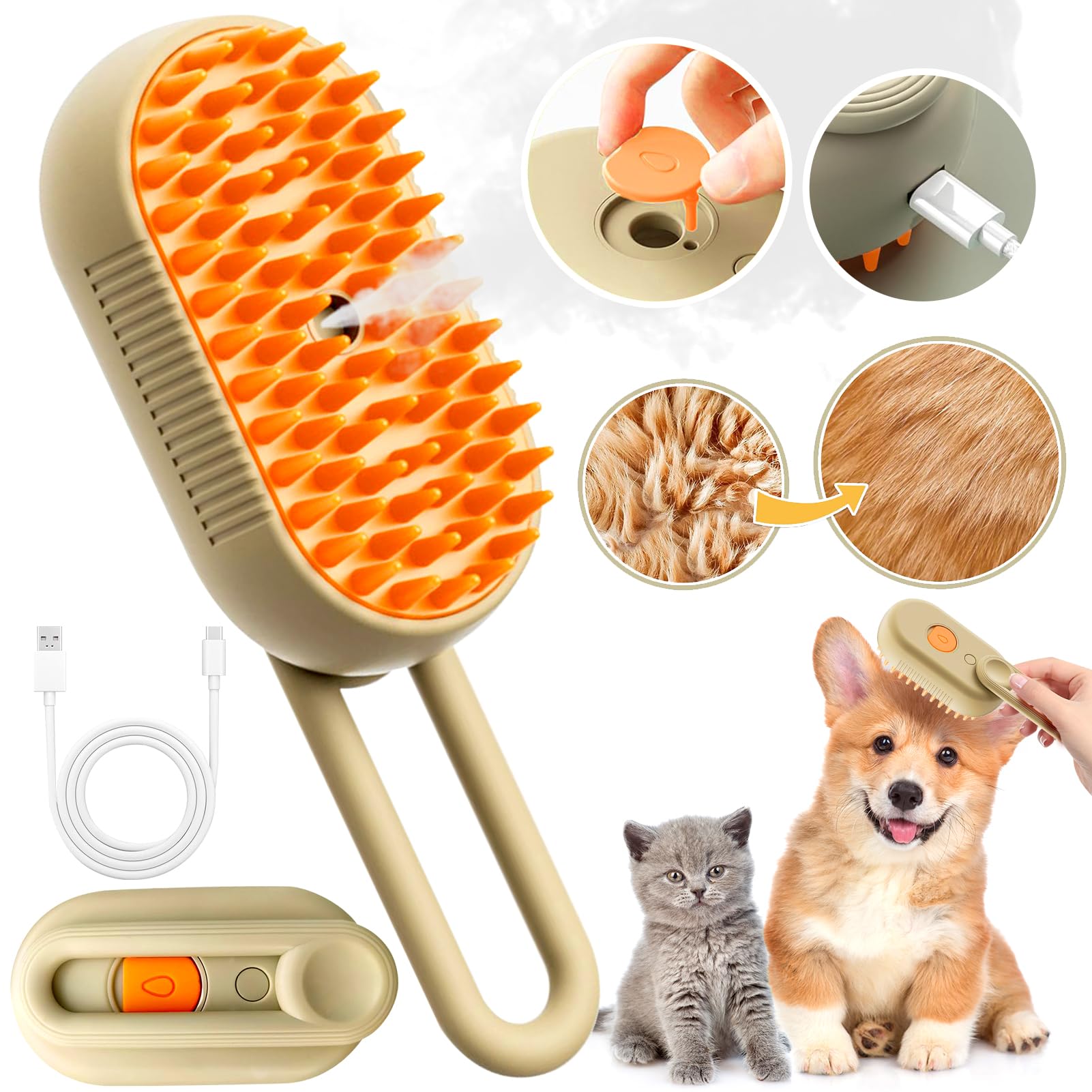 Cat Steam Brush for Shedding with Foldable Handle 4 in 1 Rechargeable Steam Brush for Cats and Dogs,Haired Pets Spritz Defur Comb for Cats Pet Spray Grooming Tool for Hair Removal & Massage