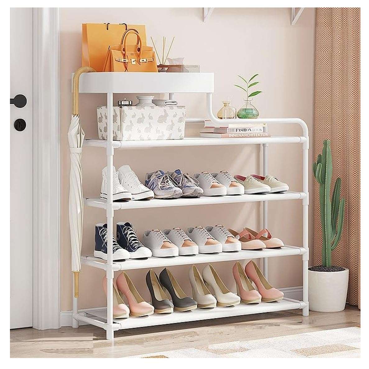 5-Tier Shoe Rack Metal Shoe Organizer with Fabric Shelves and Top Storage Basket Sturdy Durable Shoe Shelf for Closet Entryway Balcony Bedroom (White)