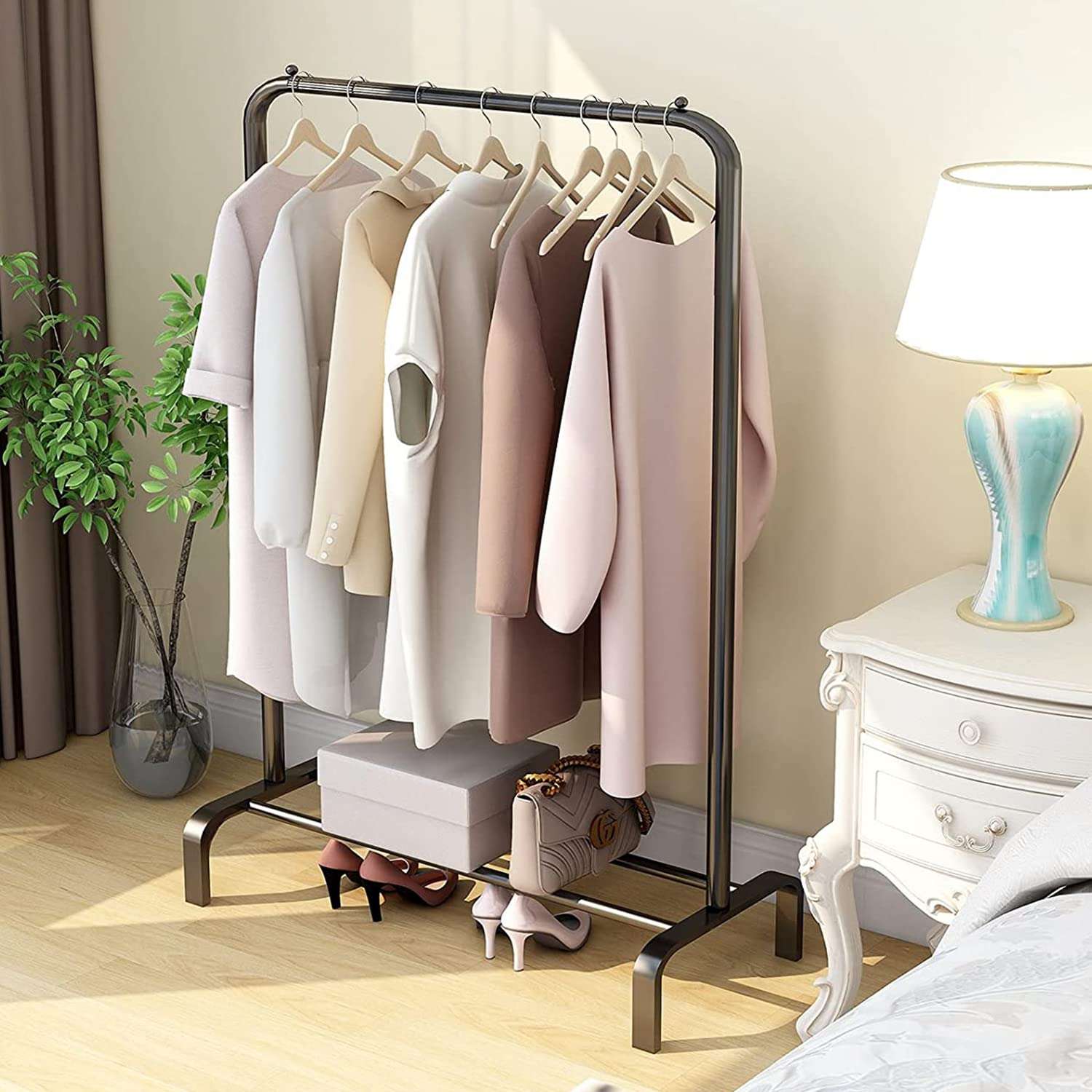 ADA® Heavy Duty Metal Clothes Stand | Multipurpose Cloth Hanging Garment Rack with Bottom Storage Shelf, Metal Clothes Rack for Coats, Skirts, Shirts, Sweaters Size (109 x 42 x148cm)- Black