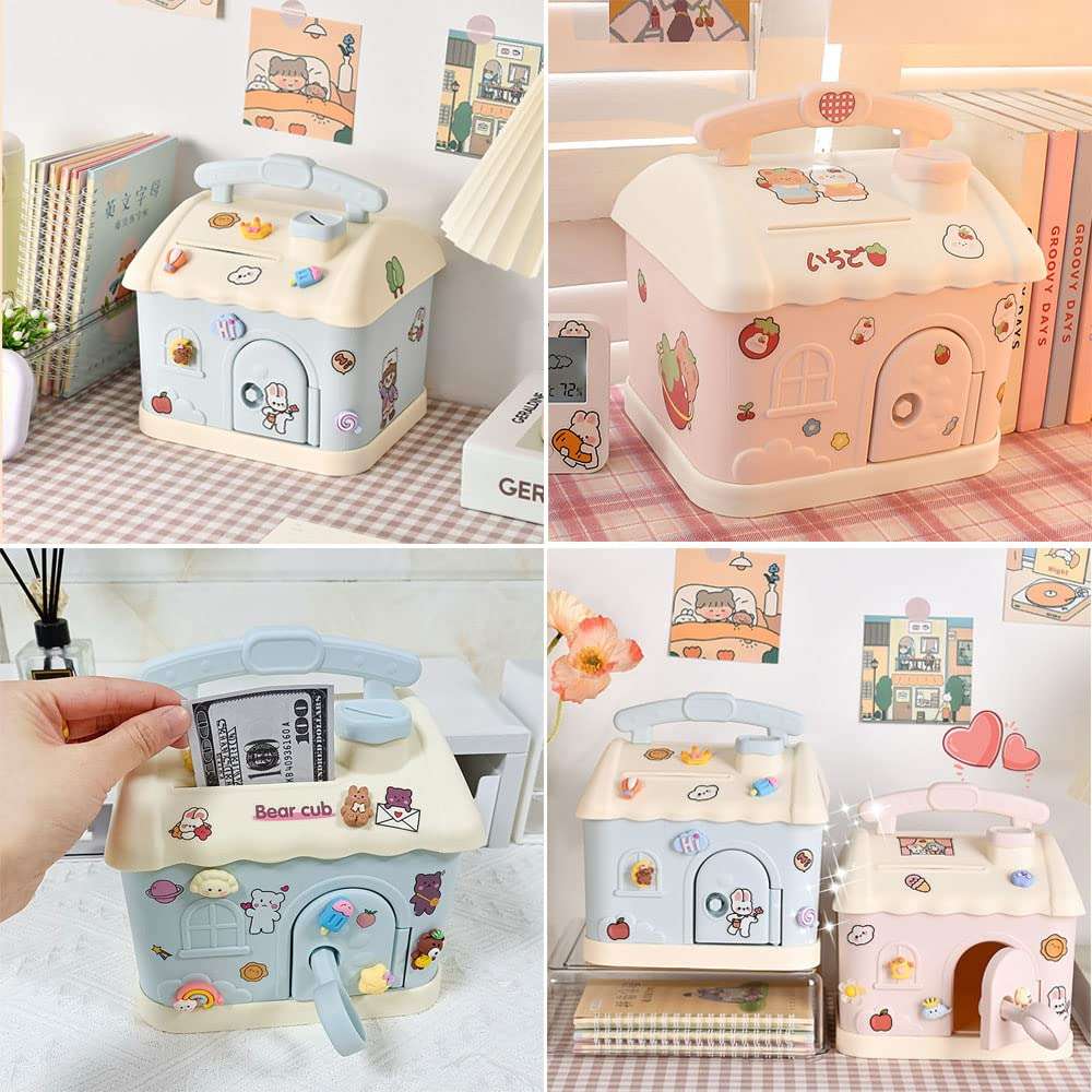 Cottage Piggy Bank with Key, Large House Money Coin Bank Box, ATM Gift to Saving Money (Pink)