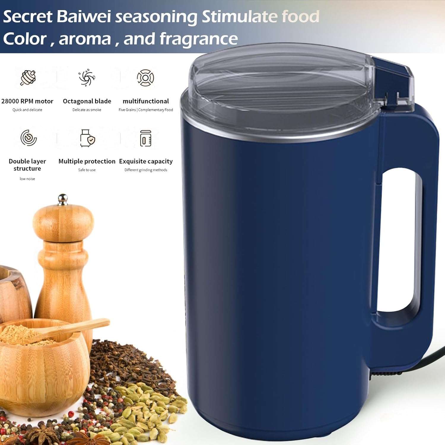 Grain Mill, Multifunctional Electric Spice Mill, Coffee Grinder with Stainless Steel Striking Knife and Transparent Lid, 600 ml Capacity for Coffee Beans, Nuts, Spices, Grains, Herbs