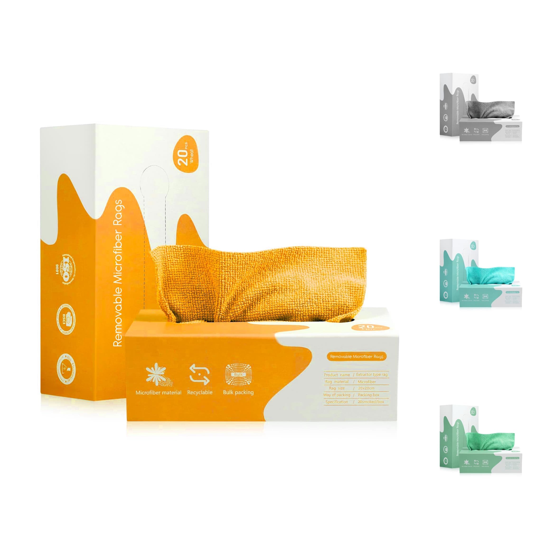 Orange and white box with a yellow fabric sample on a white background