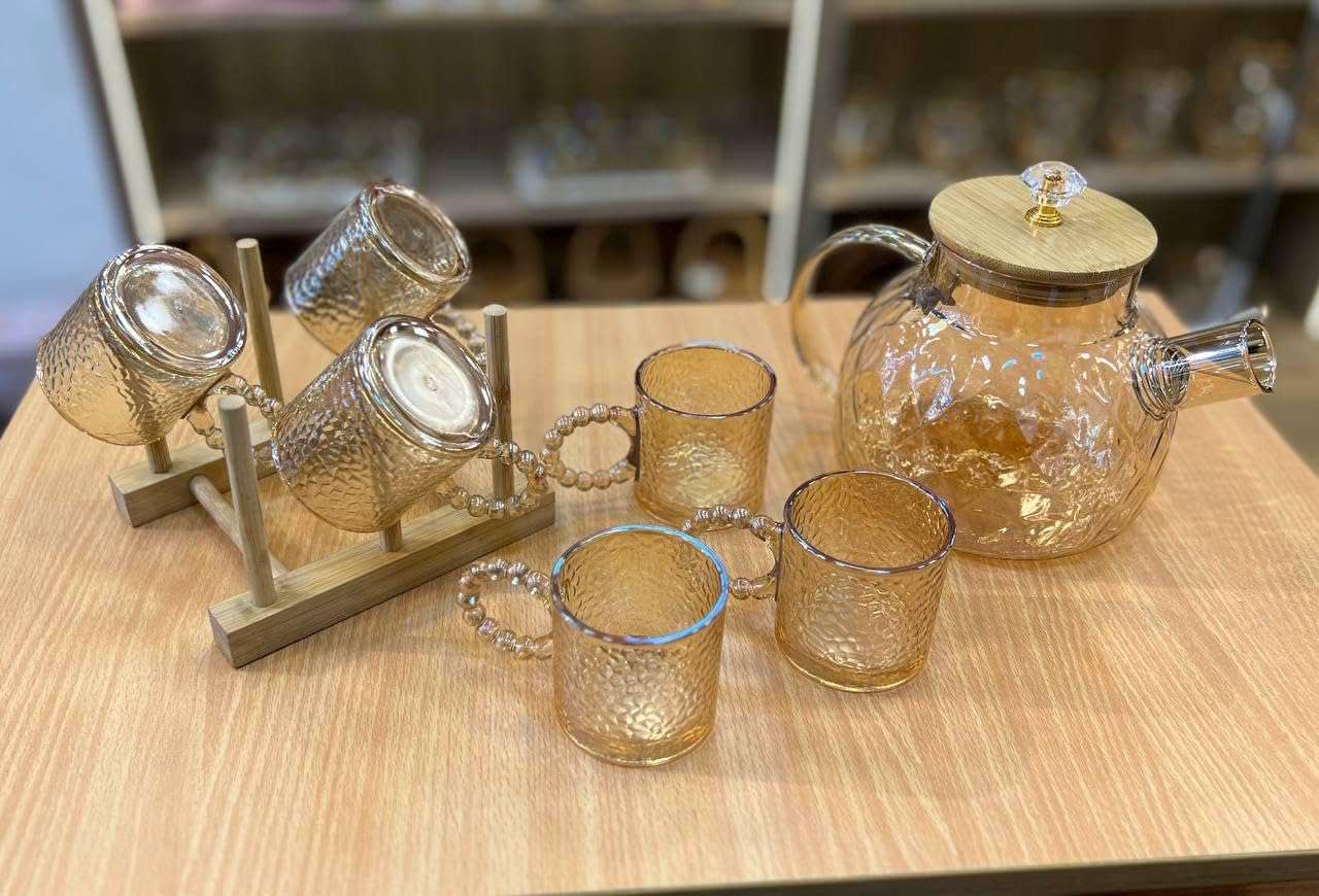 7 Piece Glass Jug Set with Bamboo Lid, 6 Glass Mugs with Handle, Honey