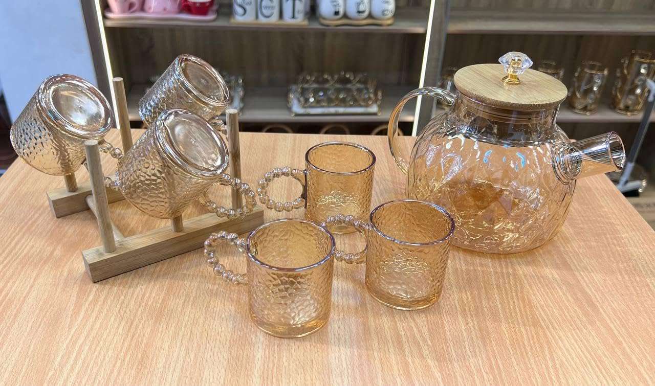 7 Piece Glass Jug Set with Bamboo Lid, 6 Glass Mugs with Handle, Honey