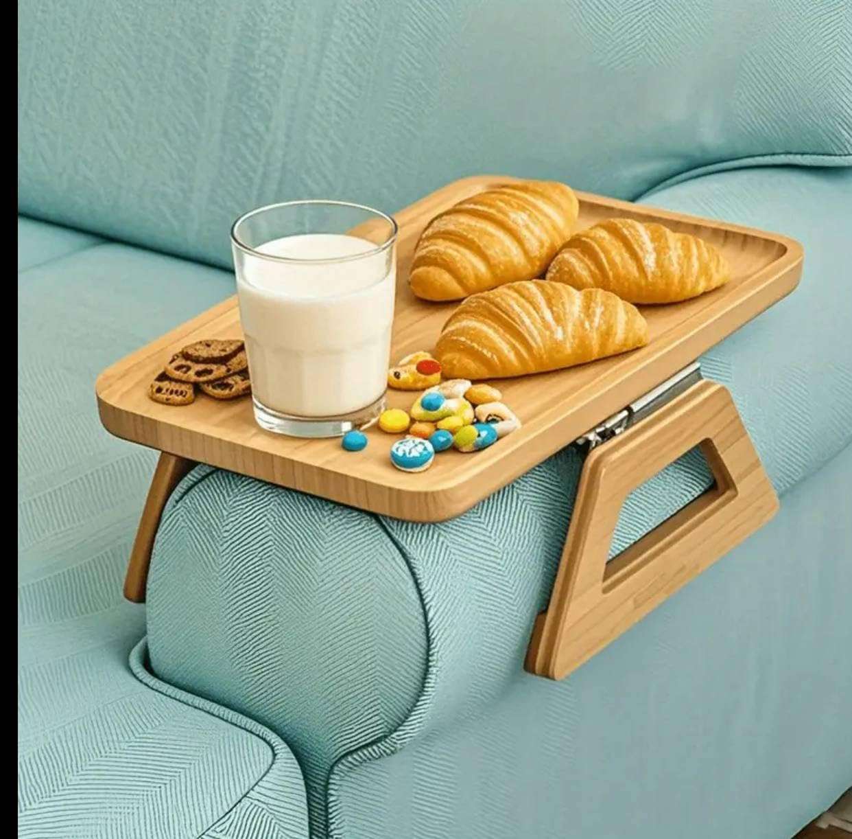 Bamboo Sofa Arm Tray Table, Portable Serving Tray with Foldable Legs, Multi-Purpose Food and Drink Holder .sa