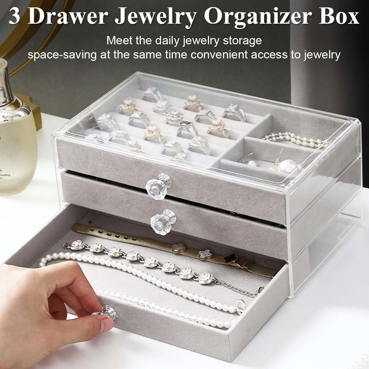 Mstorxxin Acrylic Jewelry Boxes & Organizers,Clear Jewelry Box with 3 Drawers,Stackable Velvet Earring Organizer Tray for Ring,Bracelet,Earring Organizer