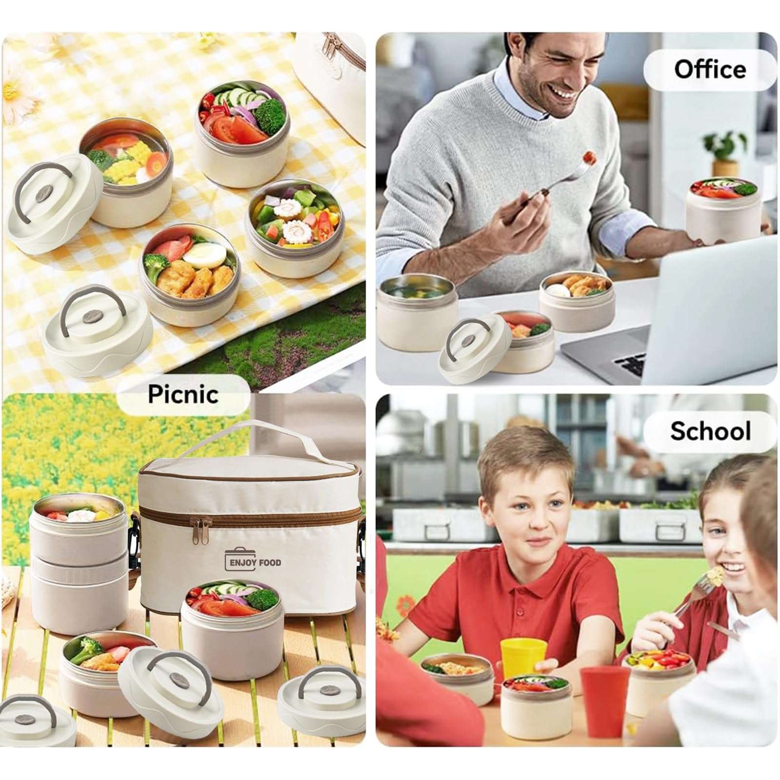 Microwavable Thermal Lunch Box, Portable Insulated Lunch Containers With Bag, Leakproof Stackable Stainless Steel Food Container For Adults, Kids, Set of 3 Tier Insulated Bento Boxes (beige-c-ae)