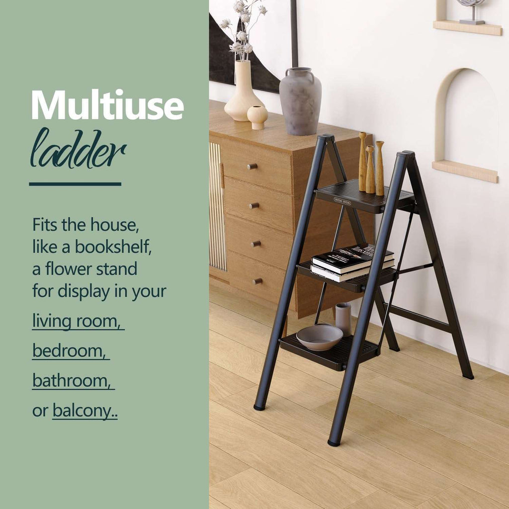 3 Step Ladder, Folding Step Stool with Non-Slip Pedals, Portable Stepping Stool for Adults, Sturdy Steel Ladder, Space Saving for Home, Anti Skid Feet, Support 330lbs - Black