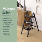 3 Step Ladder, Folding Step Stool with Non-Slip Pedals, Portable Stepping Stool for Adults, Sturdy Steel Ladder, Space Saving for Home, Anti Skid Feet, Support 330lbs - Black