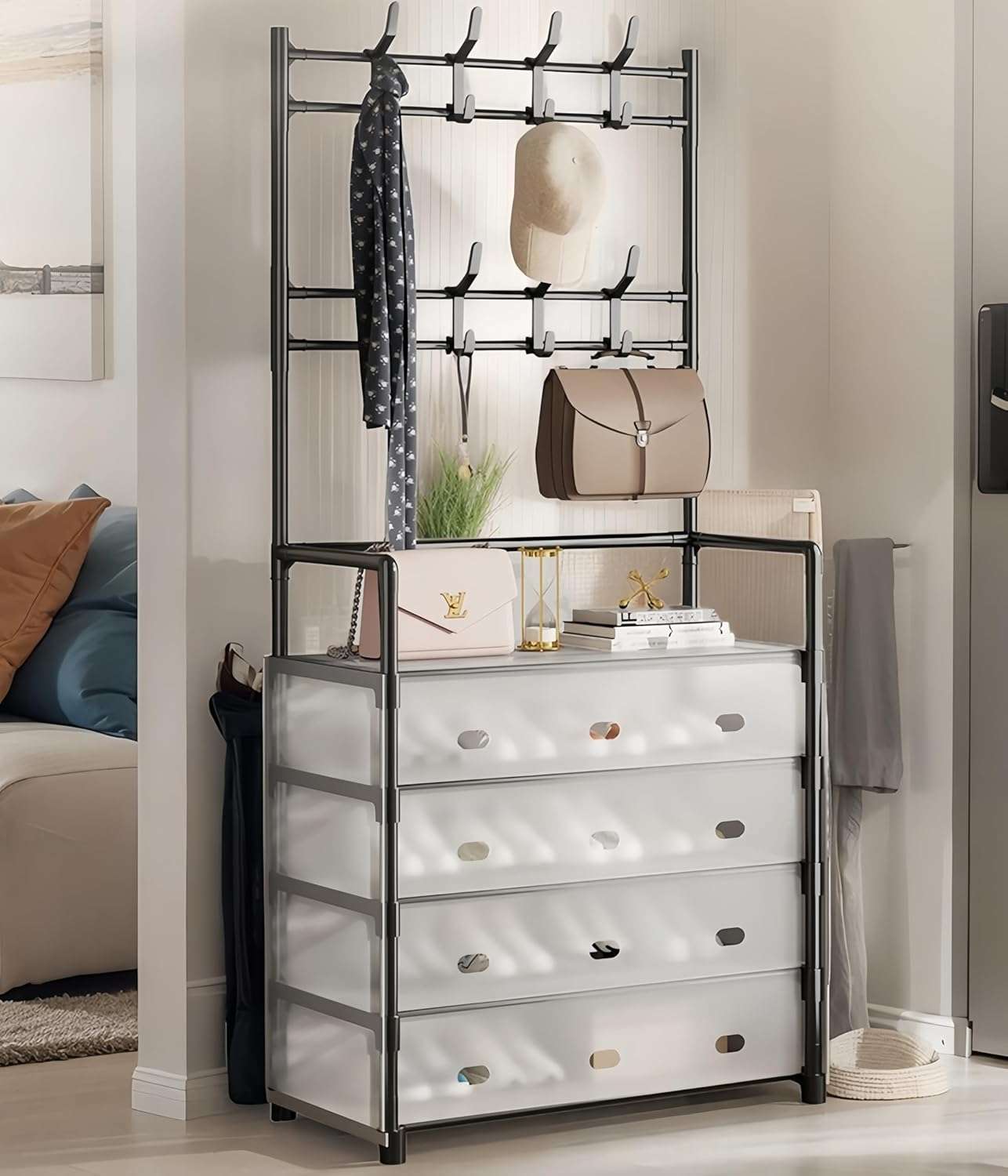 Entryway Shoe Storage, Hall Tree, Portable Coat Rack, 5 Tier Shoe Rack with Covers, Shoe Rack for front Door Entrance, Shoes Organizer, Shoe Stand, with 9 Removable Plastic Hooks, Black