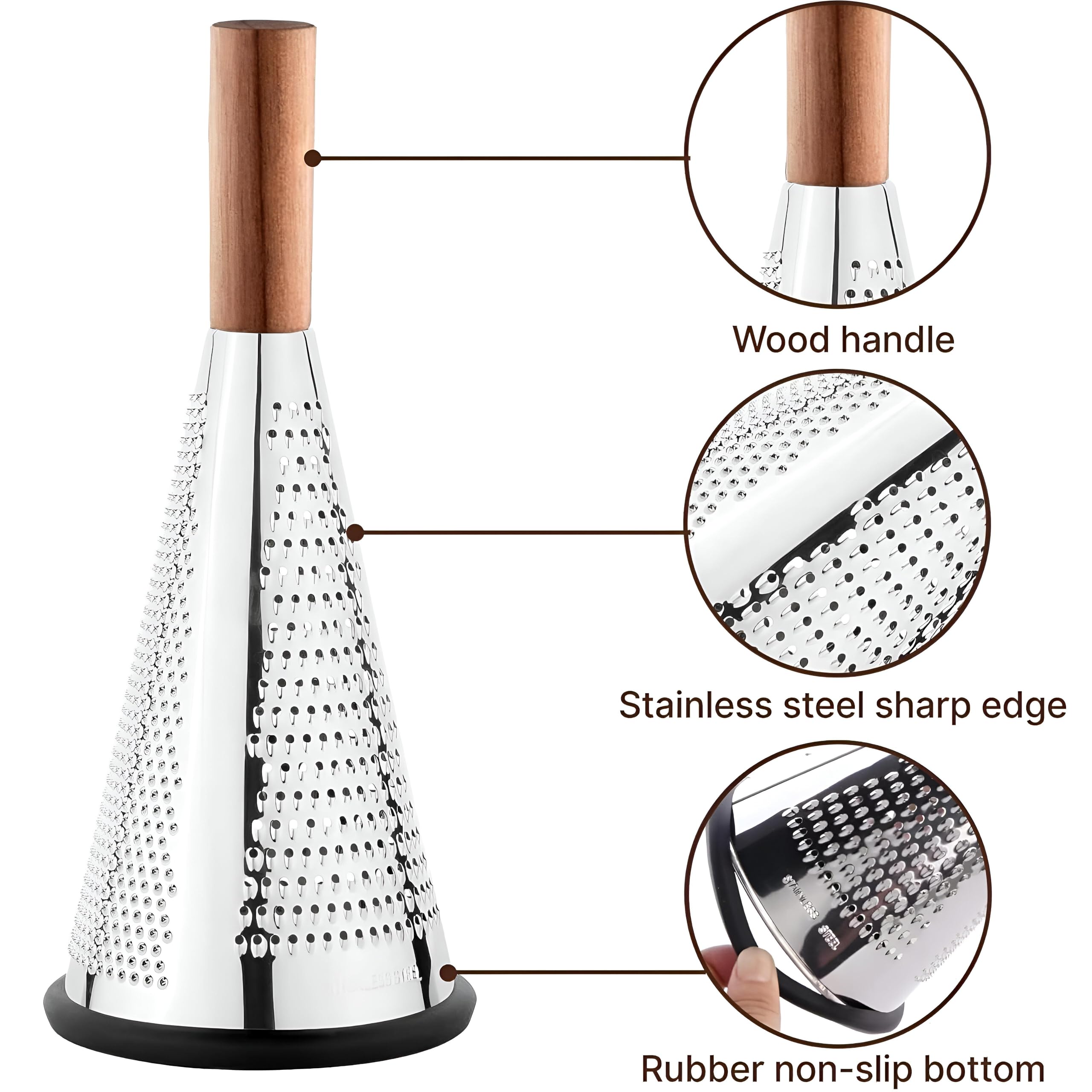 Vegetable Grater - Tri-Face Stainless Steel Grater with Wooden Handle and Versatile Silicone Base for All Types of Vegetables, Nutmeg, and Cheese Shredding