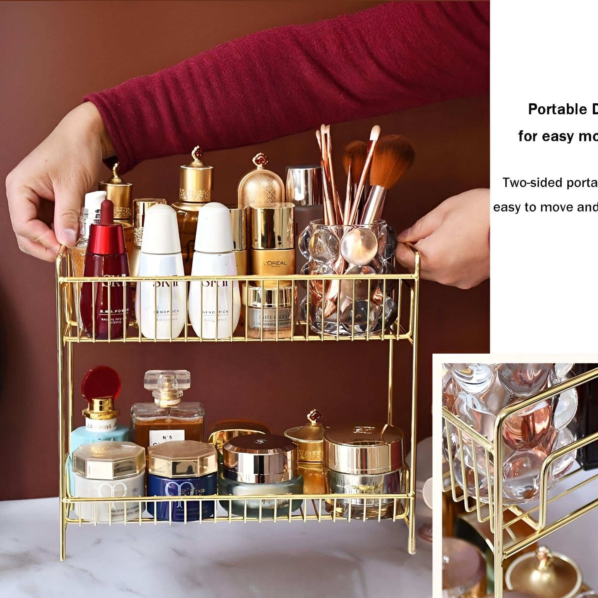 Cosmetic Organizer - Two-Tier Vanity Shelf for Makeup, Skincare, and Toiletries – Space Saving Bathroom Countertop Storage with Elegant Design and Durable Construction